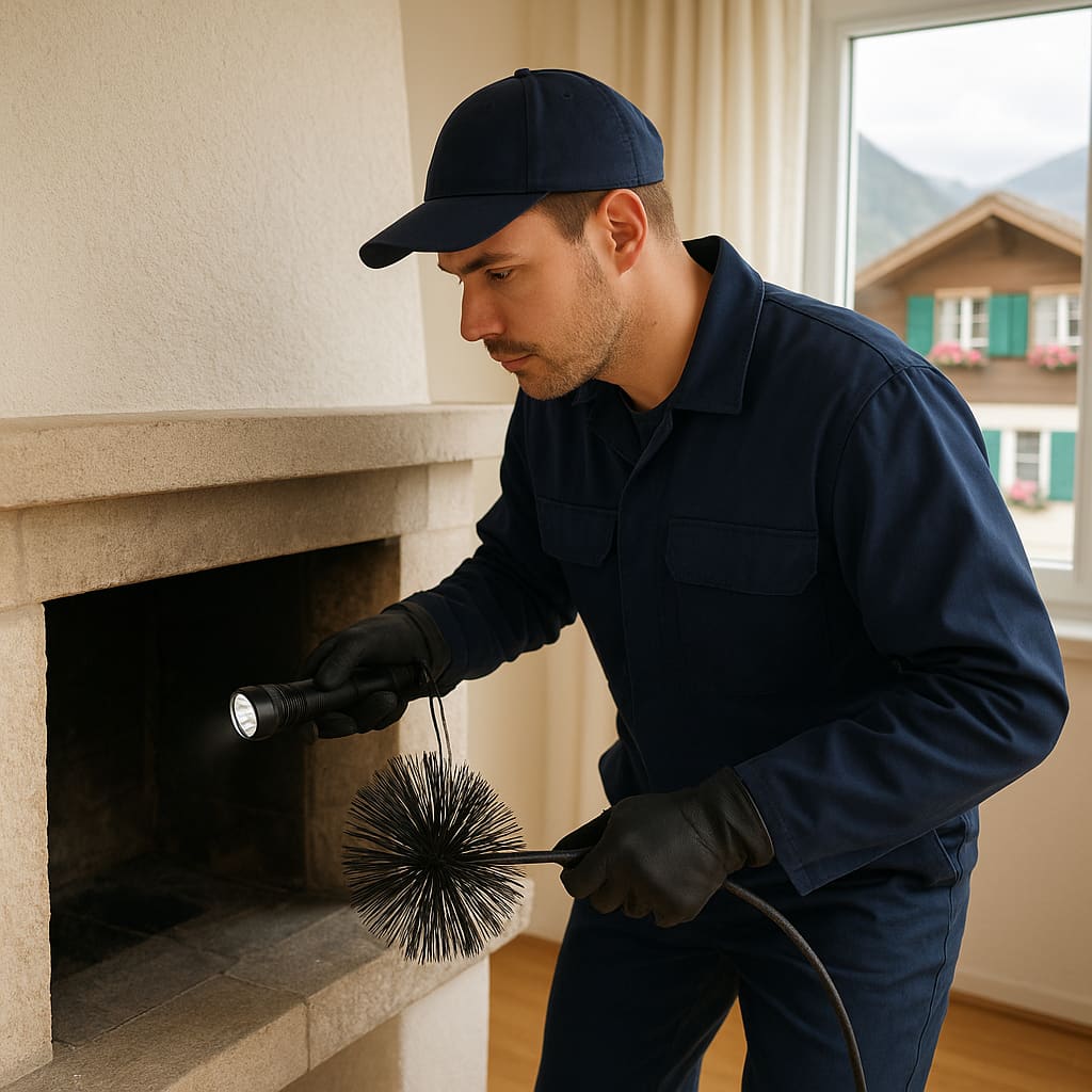 Kaminfeger bei der Arbeit an einem Wohnhaus in Zürich